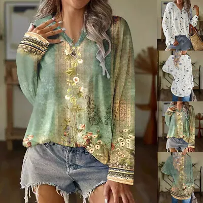 Women Boho Floral Tunic Tops T Shirt Ladies Long Sleeve Loose Casual Blouse 6-14 • £11.99