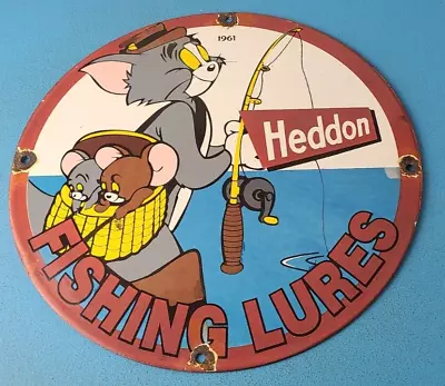 Vintage Heddon Fishing Lures Sign - Boat Sales Tackle Gas Pump Porcelain Sign • $147.47