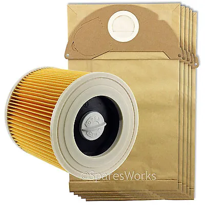 Karcher Wet And Dry Vacuum Filter Cartridge + 5 Hoover Bags WD2250 WD2.250 • £12.79