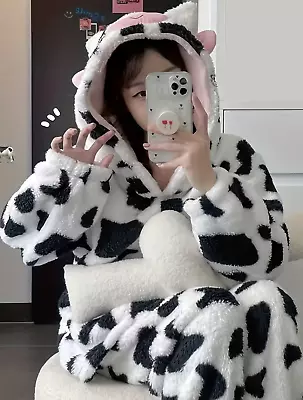 Cow Print Hooded Pajama Set: Cozy Sleepwear For Women Gift For Beloved • £40.33