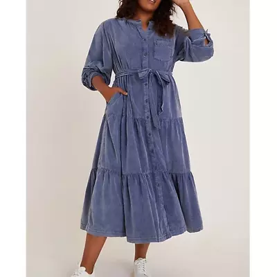 Anthropologie Pilcro Marta Tiered Corduroy Midi Dress Button Front Blue Size M • $40