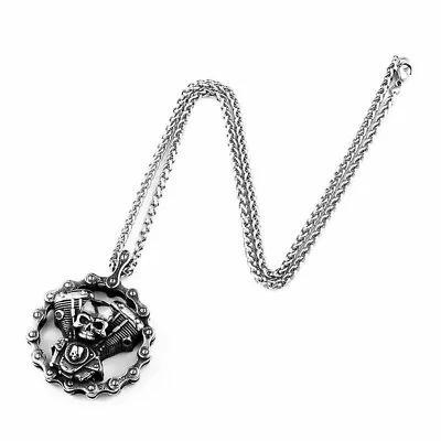 Biker Motorcycles Skull Necklace Men Boys Engine Pendant Stainless Steel 24 • $2.99