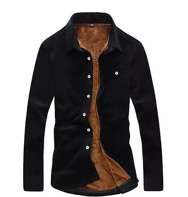 Mens Slim Fit Winter Fur Lined Casual Long Sleeve Shirts Corduroy Formal Shirts • $44.48