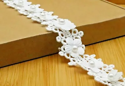 1 Yd Flower Pearl Satin Trim Lace Ribbon Wedding Dress Embroidered Diy Craft Sew • £3.83