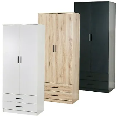 £119.69 • Buy Tall Wooden 2 Door Wardrobe With 2 Drawers Bedroom Storage Hanging Bar Clothes