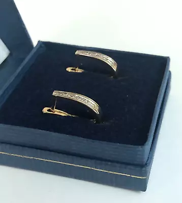 Pair 9ct Gold Hallmarked Diamond Set 15mm Huggie Hoop Earrings 1.8g Boxed • £99