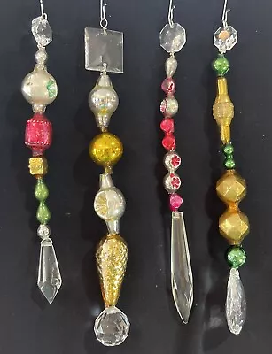 4 VTG & Antique Mercury Bead & Crystal Icicle Ornament Handmade Christmas 6.5-7” • $48