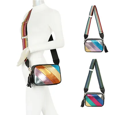 Rainbow Small Cross Body Shoulder Tassel Bag Woman Faux Leather Canvas Strap • £21.99