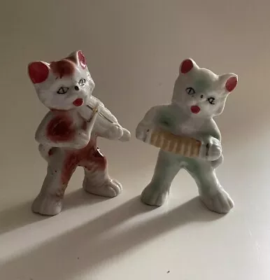 2 Vintage Cat Figurine Playing Accordion Fiddle Japan • $14