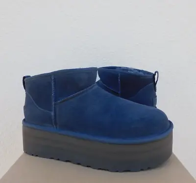 Ugg Eve Blue Suede Classic Ultra Mini 2  Platform Ankle Boots Us 9/ Eur 40 ~new • $204.95