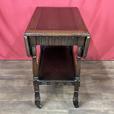 Drop Leaf Tea Trolley Brown Wooden Table On Castors Wheels With Drawer VTG PROP • £74.99