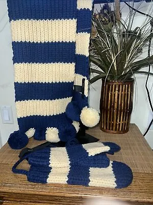 Marc Jacobs Blue Cream Pom Pom Scarf With Mittens Set • $48