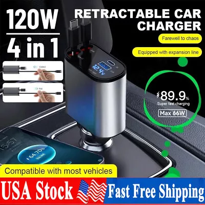 4 IN 1 Retractable Car Charger Cable Dual Port USB C PD Fast Charging Adapter US • $19.95