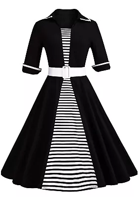 Zaful Vintage Lapel 3/4 Sleeve Cocktail Retro Pinup Dress Black Striped XL • $12.99