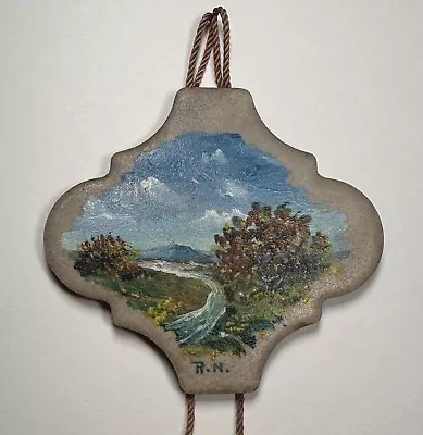 VTG Ceramic Tile Wall Art Trees Lake River Hand Painted Signed By Artist • $52.95