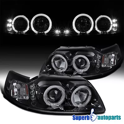 Fits 1999-2004 Ford Mustang Halo Projector Headlights LED Bar Glossy Black Pair • $139.98