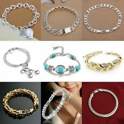 £3.28 • Buy 925 Silver Curb Chain Bracelet Bangle Charm Women Men Wedding Party Jewelry Gift