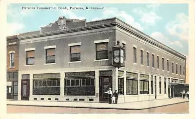 KS Kansas PARSONS COMMERCIAL BANK  Men~Child~Clock  LABETTE CO C1920's Postcard • $5.09