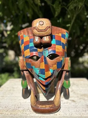 Hand Carved Mayan Wood Mask Warrior Pyramid Artwork Jaguar Snake Mexico Cedar  • $225