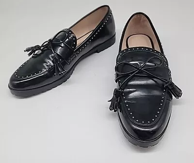 ZARA Black Patent Leather Flat Tassels Dress Loafers Silver Studs Women US 9 • $40