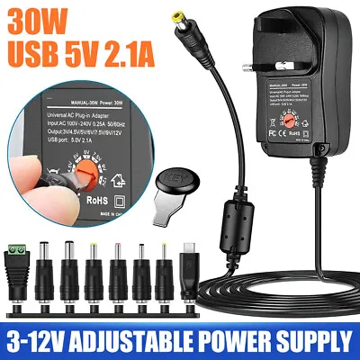 Universal Multi Voltage 30W 8 Plugs AC-DC Power Supply Adapter 3-12V 2A Output • £9.89