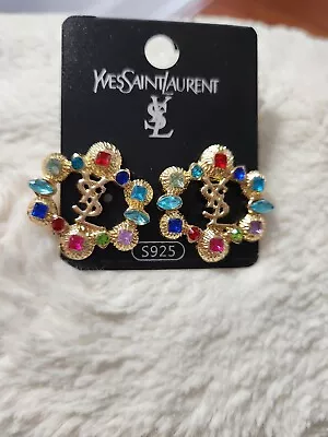 Vintage 1980s Yves Saint Laurent Rhinestone Post Earrings YSL Gold Plated S925 • £95.01