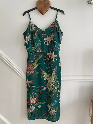 *OASIS* Pretty Lined Floral Butterfly Green Strappy Bubble Top Occasion Dress 12 • £12.99