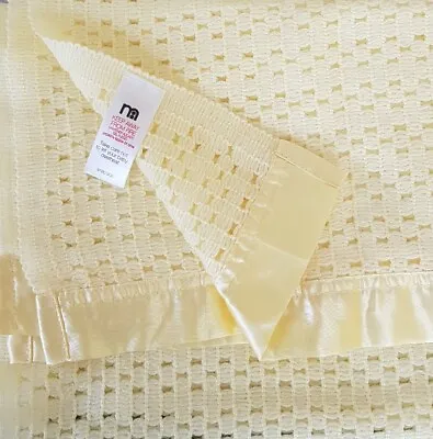 £28 • Buy Vintage Pram Mothercare Blanket Acrylic Cellular Yellow Lemon Satin Trim 9180305