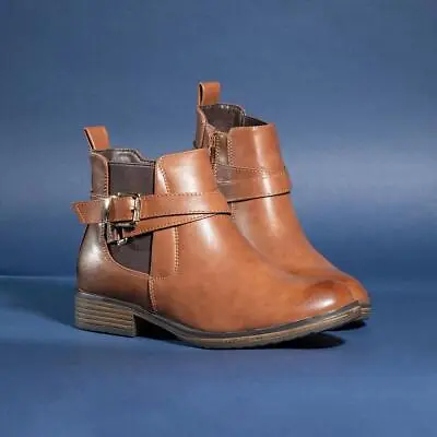 Lilley Womens Boot Tan Zip Up Chelsea Boot Buckle Mabel Shoezone SIZE • £19.99