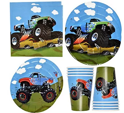 MONSTER TRUCKS Birthday Party Kit 8 Guests Plates Napkins Cup Tablecloth Cutlery • $18.99