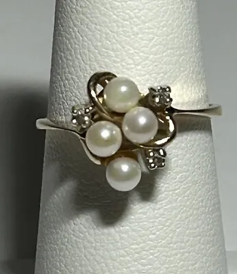Vintage 10K Yellow Gold Cluster Pearl & Diamond Dinner Ring Size 6 “PLUMB GOLD” • $99