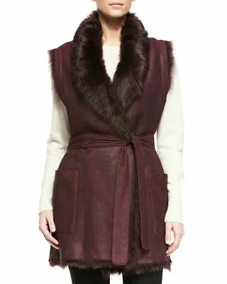 VINCE Toscana Shearling Fur Leather Reversible Burgundy Red Belt Vest S $1995 • $849