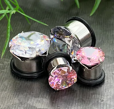 PAIR Gem Single Flare Tunnels Hollow Surgical Steel Plugs Earlets Guages Gauges • $16.95