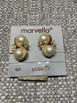 Vintage Jewelry Signed Marvella Faux Pearl Earrings - Clip L S Ayers On Card • $14.98