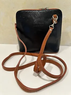 VERA PELLE Black & Tan Leather Crossbody Small Purse Handbag Made In Italy • $22.99