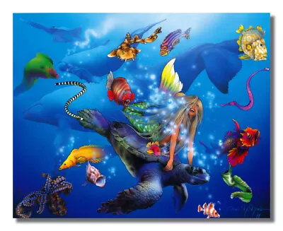 Mermaid And Sea Turtle With Ocean Fish Fantasy Wall Picture 8x10 Art Print • $8.87