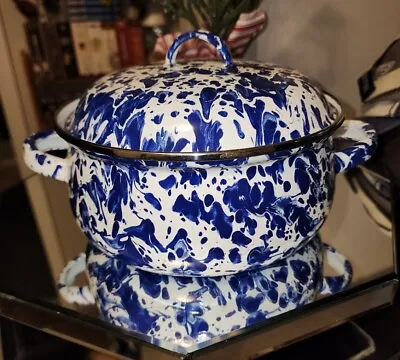 Blue White Enamel Cookware Pot Double Handle Lid Dutch Oven Splatter Farmhouse • $17.50