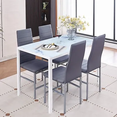 4x Grey Faux Leather Dining Chairs White Marble Tempered Glass Dining Table Set • £159.99