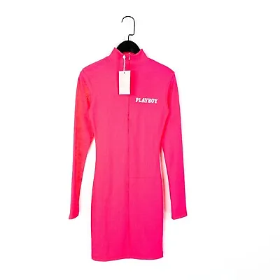 Playboy X Missguided Neon Pink Zip Front Ribbed Bodycon Dress - Size 4 NEW • £13