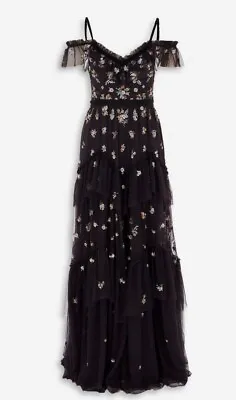 Needle & Thread GOWN Maxi Dress UK4 US0 Black Tulle Boho Embroidered Bardot BNWT • £300