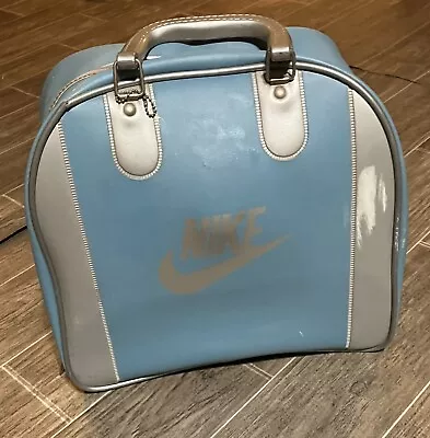 Vintage 80s Nike Swoosh Logo Bowling Ball Bag Inside Rack Blue Silver • $52.99