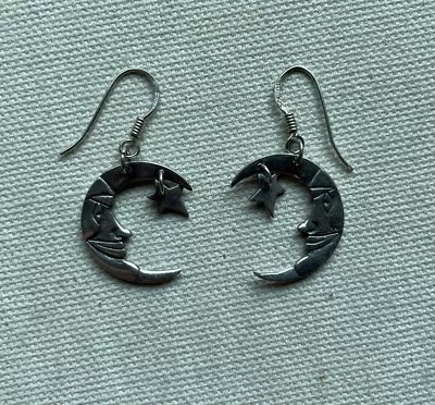 Crescent Moon Star Dangle Earrings Sterling Artisan Face Man Celestial Sky 1.25  • $45