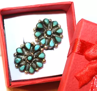 Vintage Zuni Sterling Silver Petit Point Turquoise Cluster Clip Round Earrings • $55