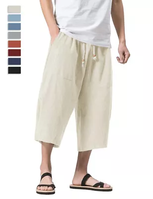 Men's Linen Harem Shorts Baggy 3/4 Capri Yoga Pants Deep Pocket Loose Fit Shorts • $24.98