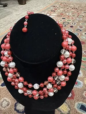 Japan Vintage Faux Pearl Pink Satin Lucite Bead Multi-strand Bib Necklace Euc • $21.21