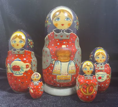 Vtg Russian Handmade & Painted 7 In. Tall 5 Matryoshka Nesting Dolls Signed • $25