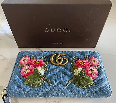 GUCCI Marmont Denim Floral Zip Around Long Wallet Japan Exclusive Limited Ed A- • $475