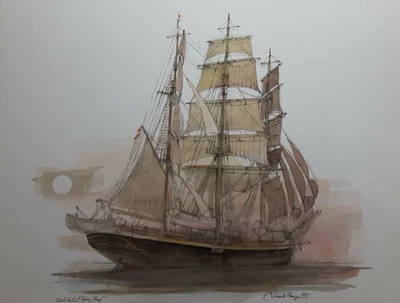 £12 • Buy Mads Stage. Danish Artist. Watercolour Print Nautical - Masted Ship