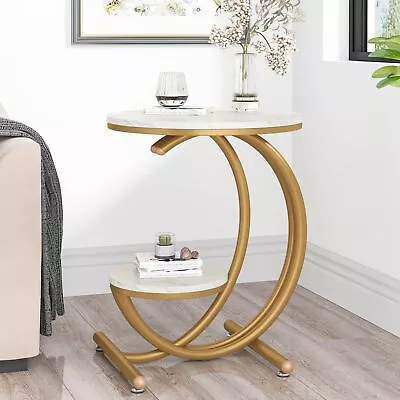 20  Modern Wood Sofa End Table With Storage White Faux Marble Accent Side Table • $68.23