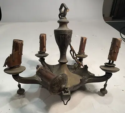 VINTAGE EMPIRE BRONZE CEILING LIGHT CHANDELIER 5 ARM 17 “ Dia. See Desc/Pics • $175